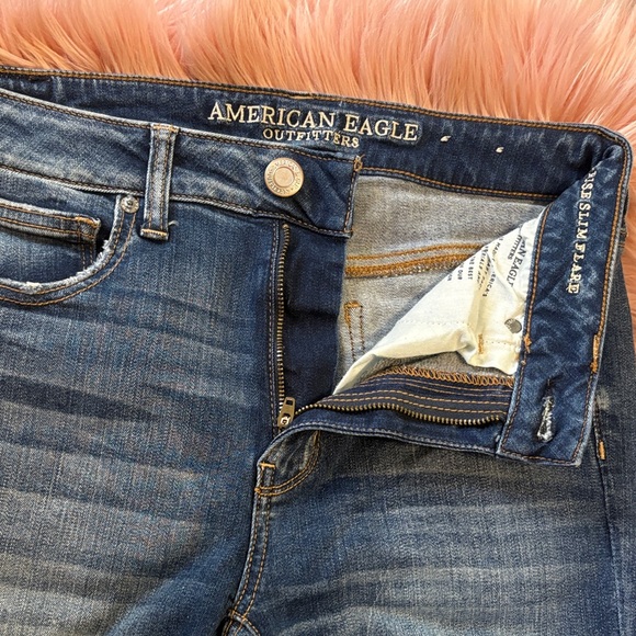 American Eagle Outfitters Hi-Rise Slim Flare Distressed Blue Jeans, Size 6 - Picture 7 of 14